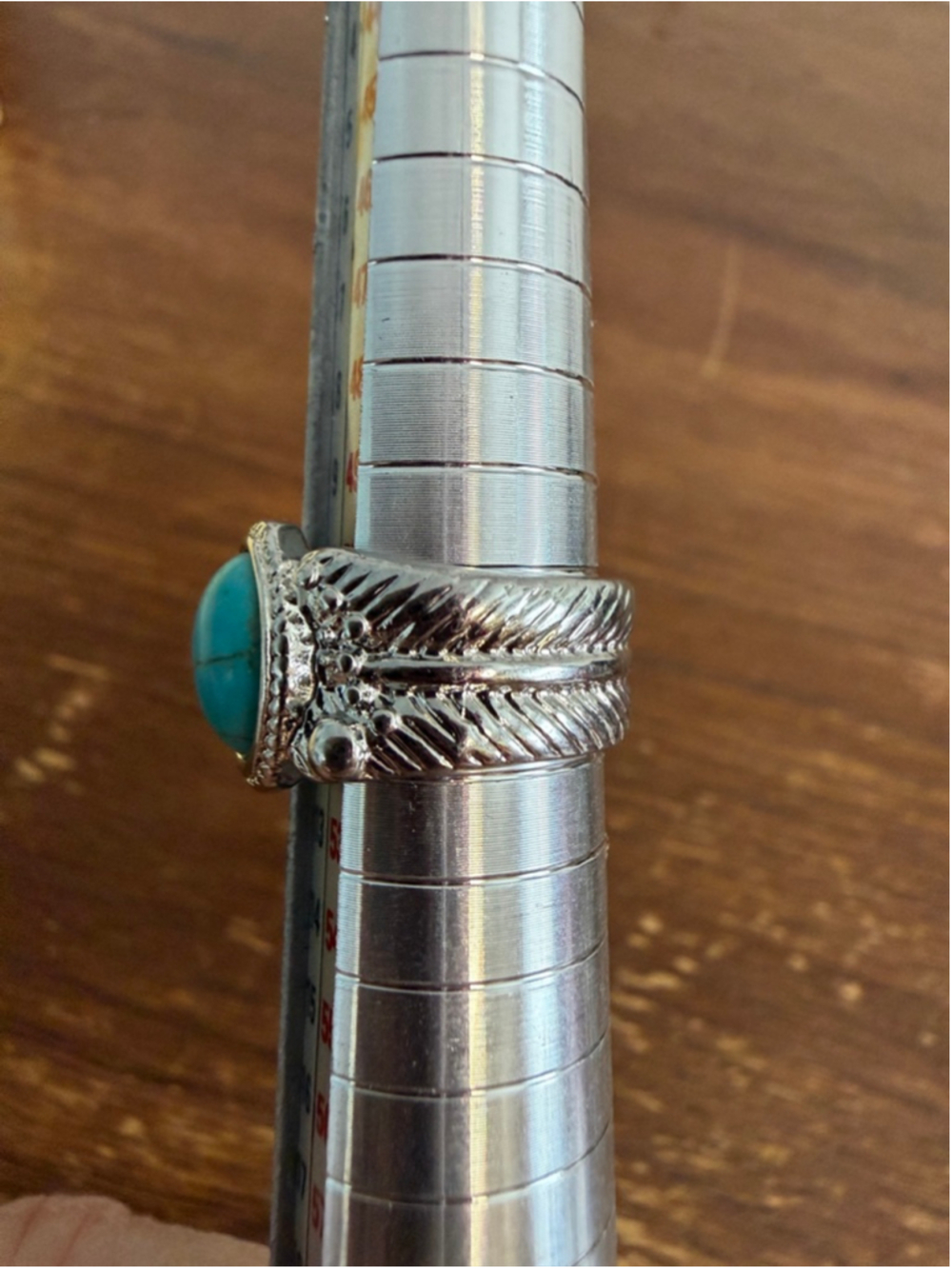 Turquoise Feather Ring Size 7 Silver Tone Boho Western Statement Ring - Picture 4 of 4